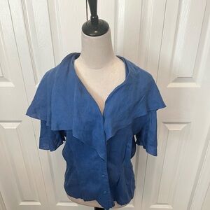 Paul Alexander size 8 100% Linen Blue Women's Ruffle-Detail Button Front Top